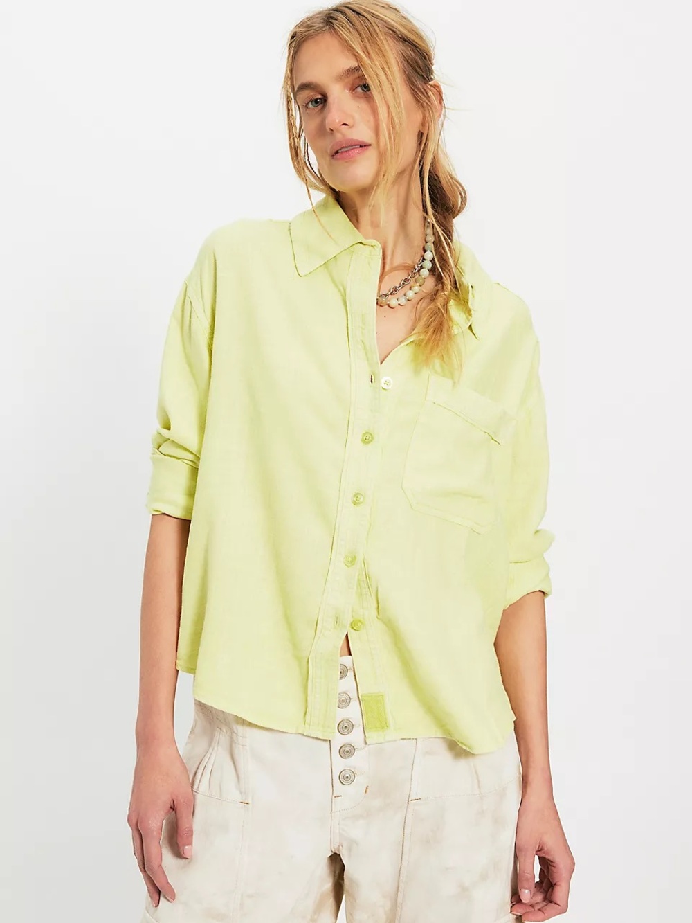 Free People Pale Yellow Button-Down Pocket Shirt